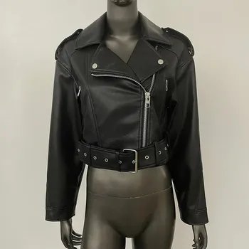 Dámský křivák Best Fashion Krátká dámská koženková bunda s páskem v motorkářském stylu Velikost: XS, Barva (Varianta): Černá