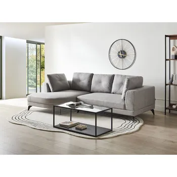 Pohovka Rohová pohovka šedá napodobenina lnu čalounění pravostranná vodoodpudivá černé železné nohy s polštáři moderní styl obývací pokoj Beliani