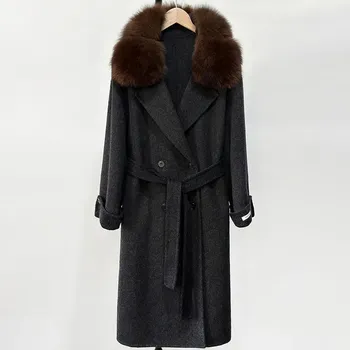 Dámský kabát Best Fashion Dámský vlněný kabát s kašmírem a límcem z liščí kožešiny Velikost: S, Barva (Varianta): Black zidiao