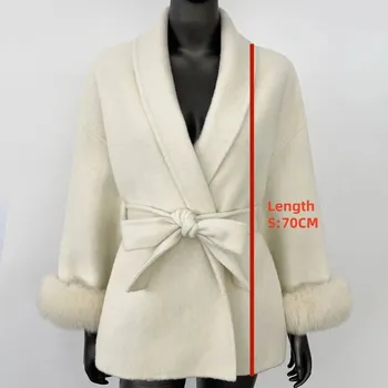 Dámský kabát Best Fashion Elegantní dámský vlněný kabát s kožešinovými detaily do kanceláře Velikost: M, Barva (Varianta): Short Beige