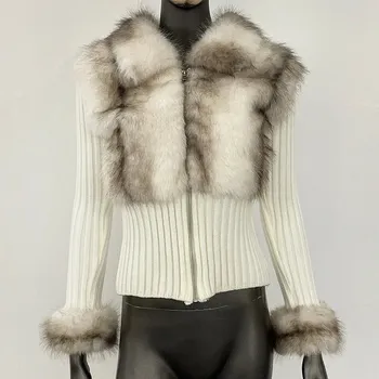 Dámský kožich Best Fashion Dámský pletený kardigan s umělým kožešinovým límcem Velikost: ONE SIZE, Barva (Varianta): Béžová