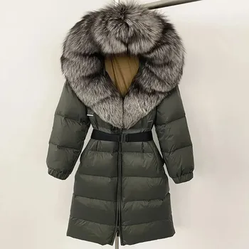 Dámská parka Best Fashion Dlouhá dámská péřová parka s páskem a širokým límcem z liščí kožešiny Velikost: S, Barva (Varianta): Green silver
