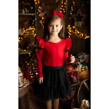 Dívčí šaty Blůzka dívčí Carmen-červenou barvou a černou krajkou 110 / 5 let