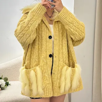 Dámský kožich Best Fashion Dámský pletený cardigan s pruhovaným vzorem a pravou kožešinou Velikost: ONE SIZE, Barva (Varianta): Žlutá