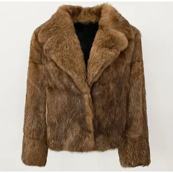Dámský kabát Best Fashion Dámský kabát z králičí kožešiny se zvířecím vzorem Velikost: XL, Barva (Varianta): Světle hnědá