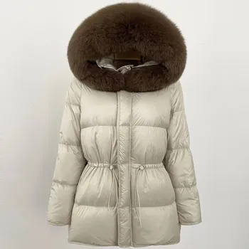Dámská parka Best Fashion Dámská péřová bunda s kapucí z mývalí a liščí kožešiny Velikost: S, Barva (Varianta): Beige brown