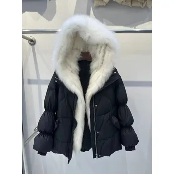 Dámská parka Best Fashion Dámská dlouhá péřová bunda s páskem a límcem z liščí kožešiny Velikost: S, Barva (Varianta): Černá