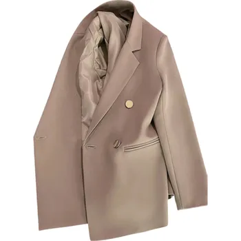 Dámské elegantní sako s límečkem a kapsami Jednobarevné sako z polyesteru Stylový kabátek v různých barvách pro kancelář, společenské akce i volný čas khaki XL