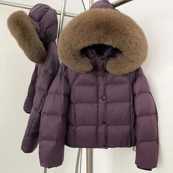 Dámská parka Best Fashion Dámská péřová bunda s kapucí a límcem z liščí kožešiny Velikost: S, Barva (Varianta): purple brown