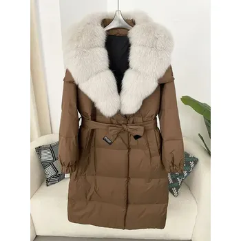 Dámská parka Best Fashion Dámská péřová bunda s páskem a límcem z liščí kožešiny Velikost: M, Barva (Varianta): Brown light grey