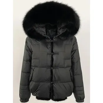 Dámská parka Best Fashion Dlouhá dámská péřová bunda s kapucí a límcem z liščí kožešiny Velikost: M, Barva (Varianta): Black fox