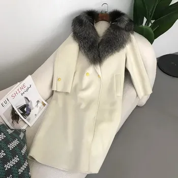 Dámský kabát Best Fashion Dámský dlouhý vlněný kabát s límcem z liščí kožešiny Velikost: M, Barva (Varianta): beige silver