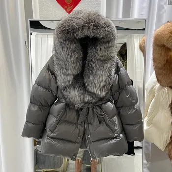 Dámská parka Best Fashion Krátká dámská péřová bunda s límcem z liščí kožešiny Velikost: XL, Barva (Varianta): Grey silver