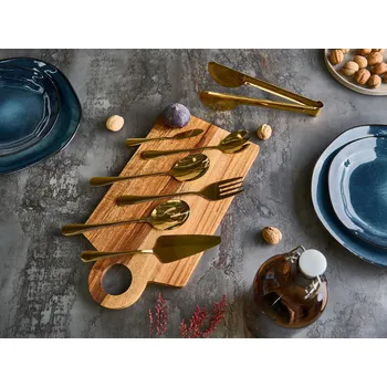 Příbor Příbor sada 7 kusů zlatá nerezová ocel nůž na máslo vidlička na ryby salát lžíce na dort kuchyňské kleštičky lžíce na salát glamour Beliani