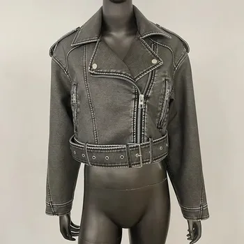 Dámský křivák Best Fashion Krátká dámská koženková bunda s páskem v motorkářském stylu Velikost: XL, Barva (Varianta): buffing