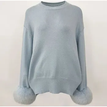 Dámský kožich Best Fashion Dámský volný svetr s odnímatelnými manžetami z liščí kožešiny Velikost: L, Barva (Varianta): Modrá