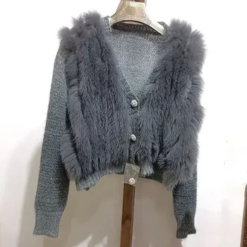 Dámský kožich Best Fashion Krátký dámský pletený cardigan s límcem z liščí kožešiny Velikost: ONE SIZE, Barva (Varianta): Šedá
