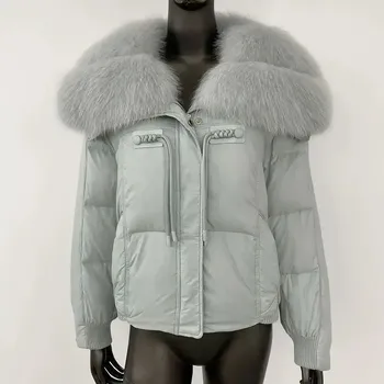 Dámská parka Best Fashion Krátká dámská péřová bunda s límcem z liščí kožešiny Velikost: S, Barva (Varianta): full light Blue