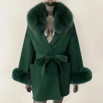 Dámský kabát Best Fashion Dámský vlněný kabát s kašmírem a límcem z liščí a mývalí kožešiny Velikost: M, Barva (Varianta): Zelená