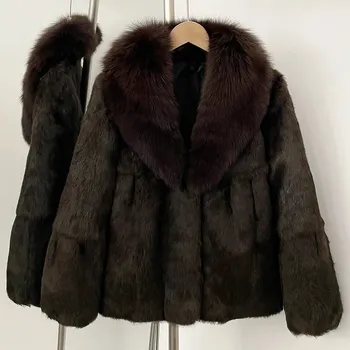 Dámský kabát Best Fashion Krátký dámský kabát z králičí kožešiny s límcem z lišky Velikost: M, Barva (Varianta): deep Coffee