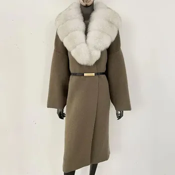 Dámský kožich Best Fashion Dámský pletený svetr s kožešinovým límcem z lišky a mývala Velikost: ONE SIZE, Barva (Varianta): Camel White