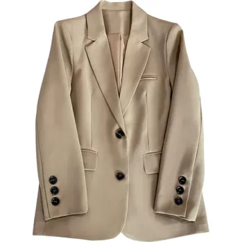 Dámské sako Dámské elegantní sako s kapsami a zapínáním na knoflíky Jednobarevné sako z polyesteru Stylový kabátek v různých barvách pro práci i každodenní nošení béžova S