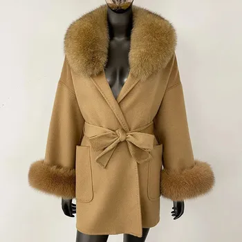 Dámský kabát Best Fashion Dámský vlněný kabát s kašmírem a límcem z liščí a mývalí kožešiny Velikost: S, Barva (Varianta): Světle hnědá