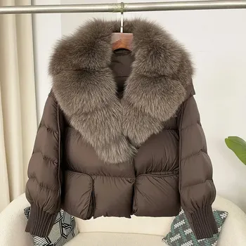 Dámská parka Best Fashion Dámská péřová bunda s límcem z mývalí a liščí kožešiny Velikost: M, Barva (Varianta): Brown deep gray