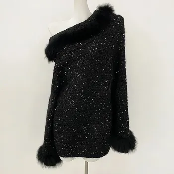 Dámský kožich Best Fashion Dámský pletený svetr s límcem z liščí kožešiny Velikost: ONE SIZE, Barva (Varianta): Černá