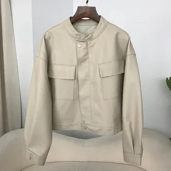 Dámský křivák Best Fashion Krátká dámská koženková bunda ve vintage stylu s kapsami Velikost: L, Barva (Varianta): Béžová