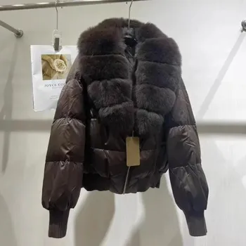 Dámská parka Best Fashion Péřová bunda s límcem z liščí kožešiny na zip Velikost: M, Barva (Varianta): Hnědá