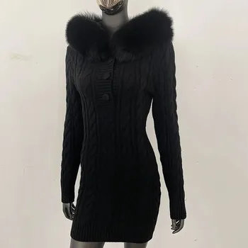 Dámský kožich Best Fashion Dámské pletené šaty s kapucí a kožešinovým zdobením Velikost: ONE SIZE, Barva (Varianta): Černá