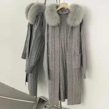 Dámský kožich Best Fashion Dámský pletený svetr s kapucí a lemem z liščí kožešiny Velikost: ONE SIZE, Barva (Varianta): Šedá