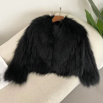 Dámský kabát Best Fashion Krátký dámský kabátek s límcem z mývalí kožešiny a pletenými rukávy Velikost: ONE SIZE, Barva (Varianta): Černá