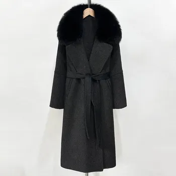 Dámský kabát Best Fashion Dámský vlněný kabát s límcem z liščí kožešiny Velikost: M, Barva (Varianta): black black