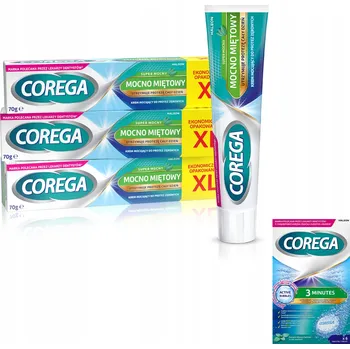 Péče o zubní náhradu Corega Extra silný fixační krém na zubní protézy, silně mátový 3x70g + Dárek