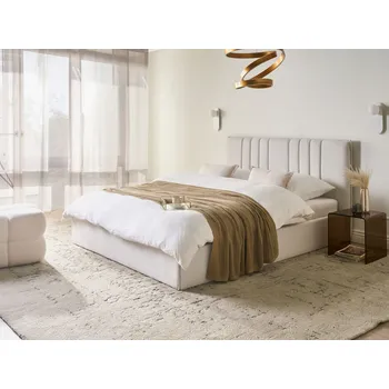 Postel Rám postele světle béžové látkové čalounění 160x200 cm výklopný uložný prostor čelo s roštem moderní Beliani