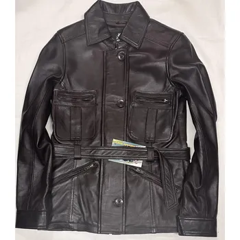 Dámský kabát Hnědé kožené sako dámské, kožený kabát s páskem velikost 38