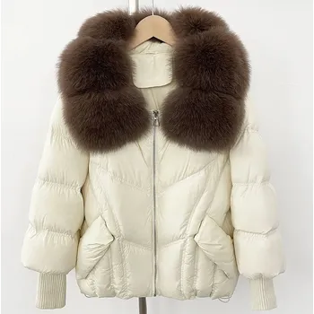 Dámská parka Best Fashion Dámská péřová bunda s pletenými rukávy a límcem z liščí kožešiny Velikost: M, Barva (Varianta): Beige brown