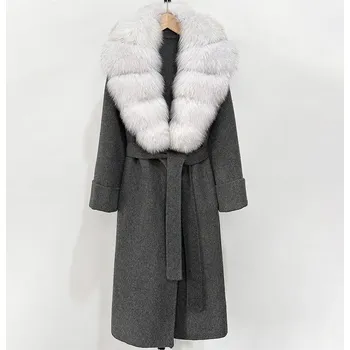 Dámský kabát Best Fashion Dámský vlněný kabát s límcem z liščí kožešiny a kašmírovou směsí Velikost: L, Barva (Varianta): gray white