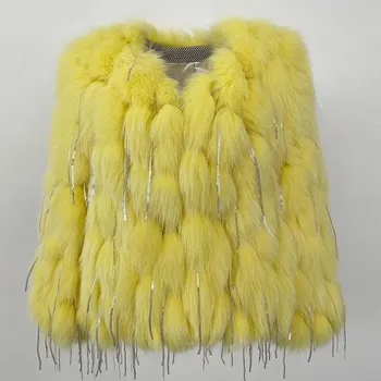 Dámský kabát Best Fashion Kabát z liščí kožešiny s ozdobnými třásněmi Velikost: ONE SIZE, Barva (Varianta): Žlutá