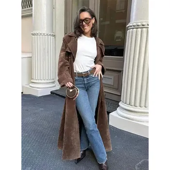 Dámský kabát Best Fashion Dámský kabát z imitace jelení kožešiny s páskem a dvouřadým zapínáním Velikost: XS, Barva (Varianta): Hnědá