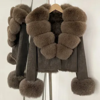 Dámský kabát Best Fashion Kožený kabát s liščí a králičí kožešinou Velikost: S, Barva (Varianta): Coffee brown