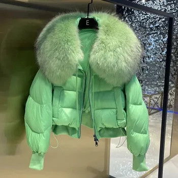 Dámská parka Best Fashion Dámská krátká péřová bunda s límcem z mývalí kožešiny Velikost: M, Barva (Varianta): Zelená