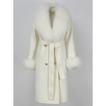 Dámský kabát Best Fashion Dlouhý dámský vlněný kabát s páskem a kožešinovým límcem Velikost: M, Barva (Varianta): White1