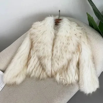 Dámský kabát Best Fashion Krátký dámský kabátek s límcem z mývalí kožešiny a pletenými rukávy Velikost: ONE SIZE, Barva (Varianta): Béžová