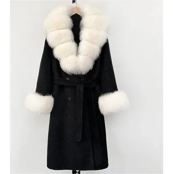 Dámský kabát Best Fashion Dámský dlouhý vlněný kabát s límcem z liščí kožešiny Velikost: S, Barva (Varianta): Black beige