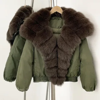 Dámská parka Best Fashion Dámská péřová bunda s páskem a límcem z liščí kožešiny Velikost: ONE SIZE, Barva (Varianta): Zelená