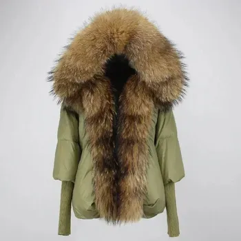 Dámská parka Best Fashion Dlouhá dámská péřová bunda s kapucí a límcem z liščí kožešiny Velikost: M, Barva (Varianta): Army green natural