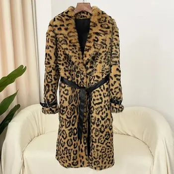 Dámský kabát Best Fashion Kožený kabát s leopardím vzorem a kožešinovou podšívkou Velikost: L, Barva (Varianta): 2-2